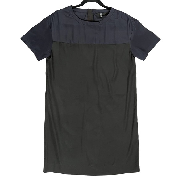 Uniqlo Silky Colorblock Short Sleeve Midi Shirt Dress Navy Black S - Picture 1 of 9